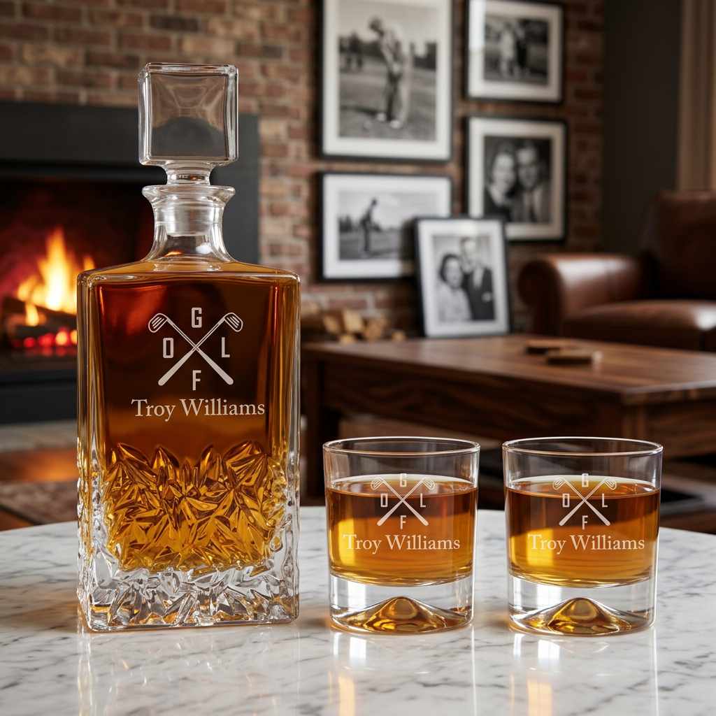 Custom Engraved GOLF Clubs Logo - Personalized Excalibur Decanter Set with Whiskey Glasses