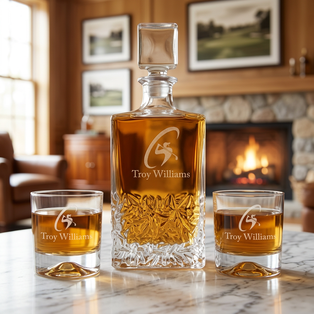 Custom Engraved Golfer Logo Swing Design - Personalized Excalibur Decanter Set with Whiskey Glasses