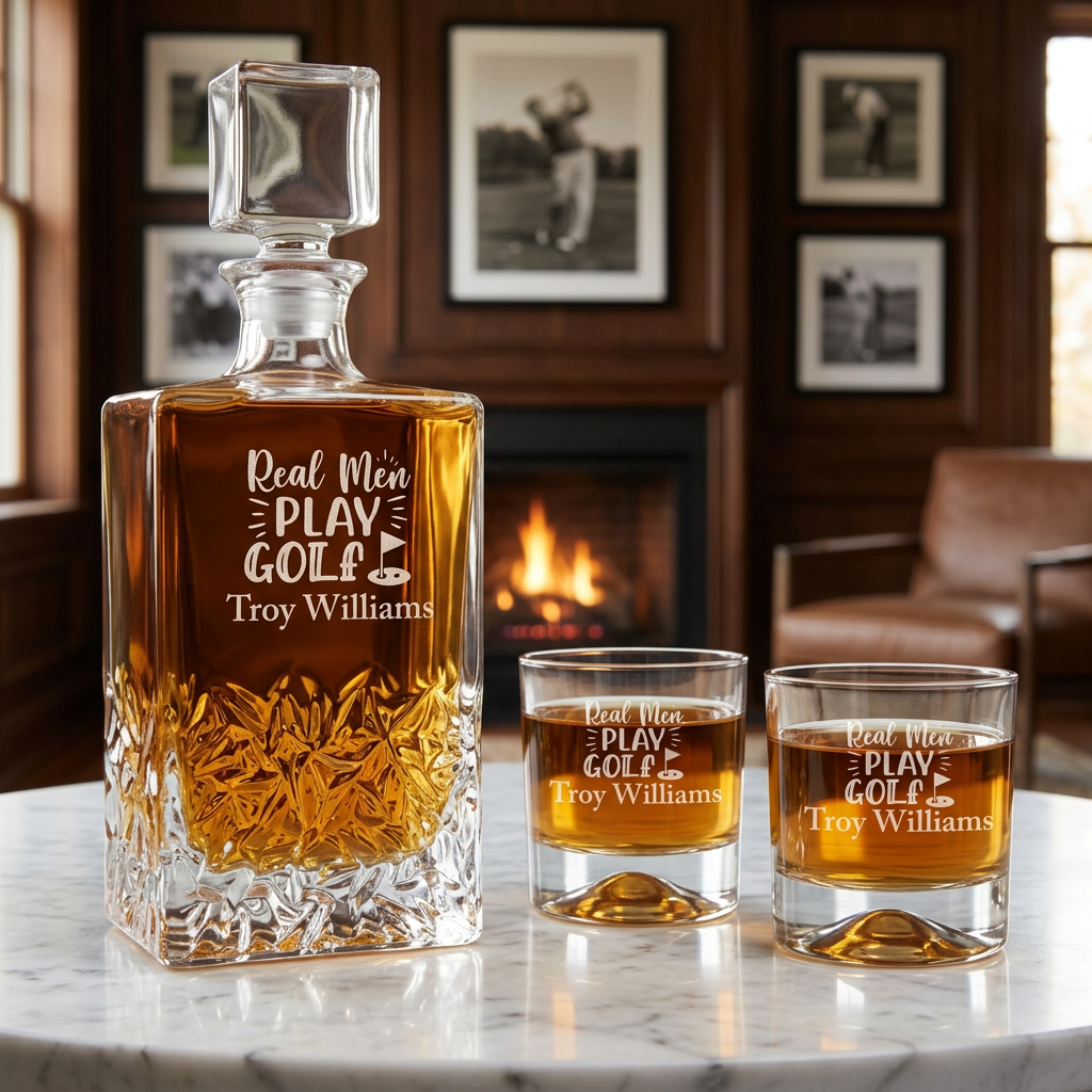 Custom Engraved Real Men Play Golf - Personalized Excalibur Decanter Set with Whiskey Glasses
