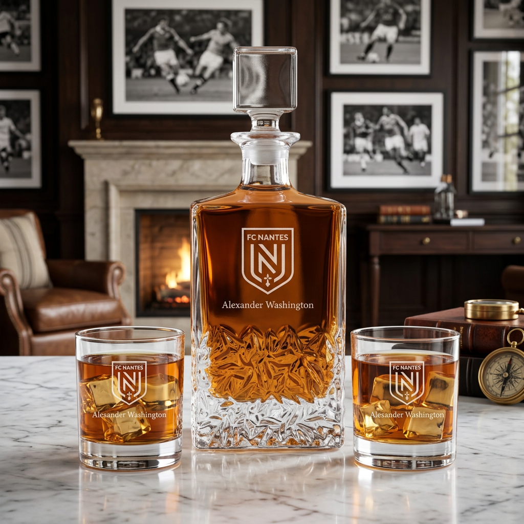 Engraved FC Nantes - Ligue 1 France - Football - Personalized Excalibur Decanter Set - Soccer Fanatic Gift Ideas