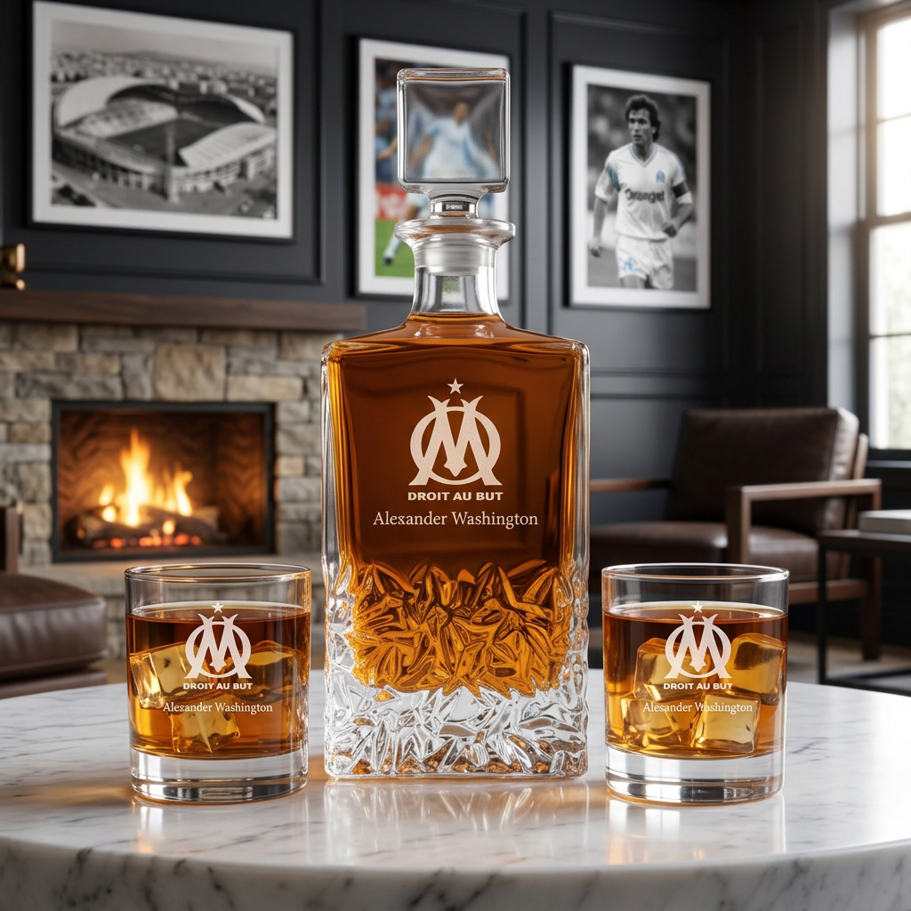 Engraved Olympique Marsielle - Ligue 1 France - Football - Personalized Excalibur Decanter Set - Soccer Fanatic Gift Ideas