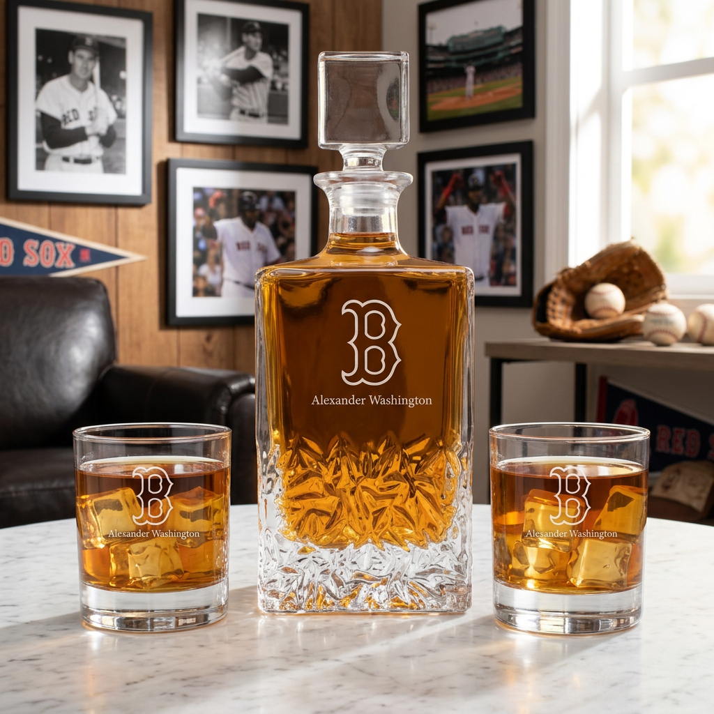 Engraved Boston Red Sox Cap - Major League Baseball - Personalized Excalibur Decanter Set - Baseball Fanatic Gift Ideas
