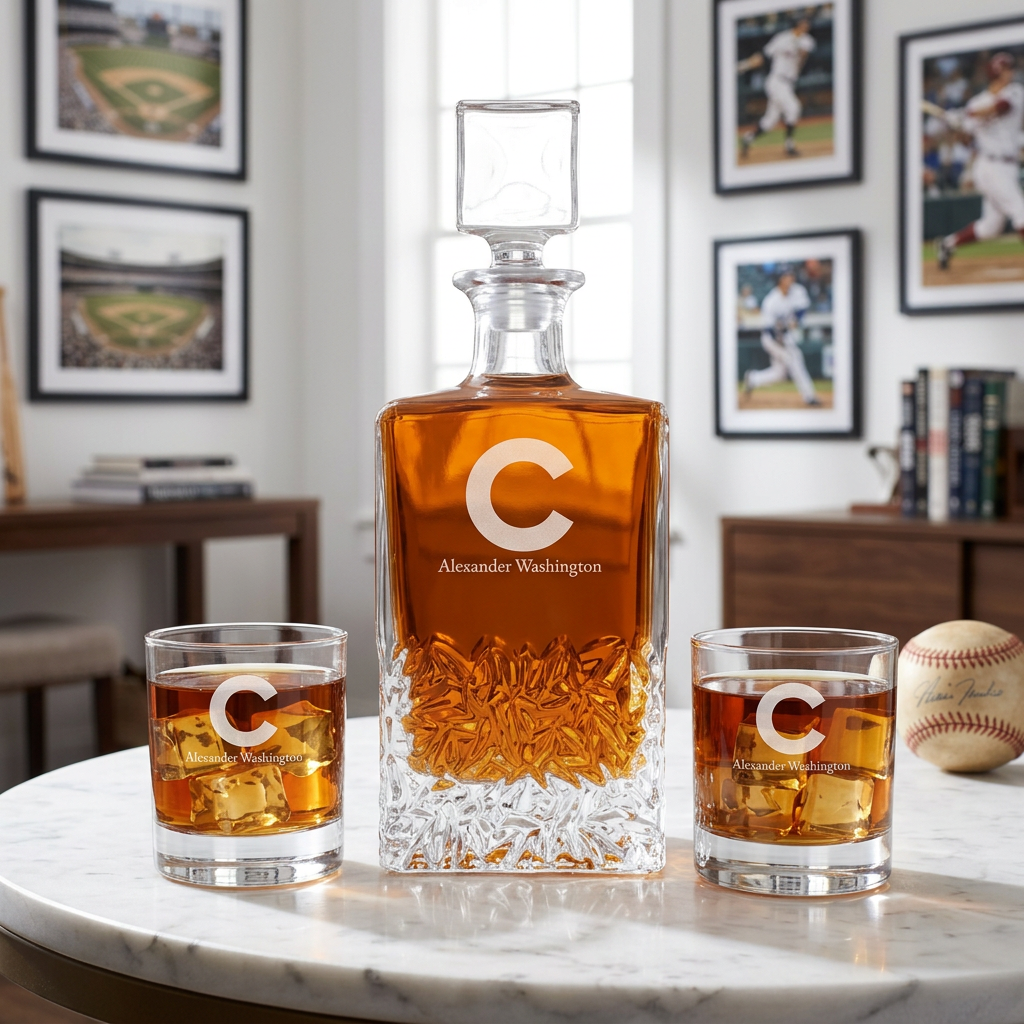 Engraved Chicago Cubs Cap Insignia - Major League Baseball - Personalized Excalibur Decanter Set - Baseball Fanatic Gift Ideas