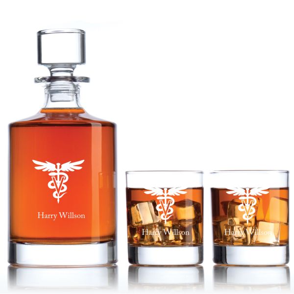 Engraved Veterinary - Personalized Bellagio Decanter Set with Old Fashion Whiskey Glasses