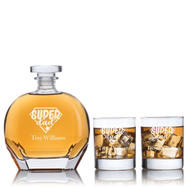 Engraved Super Hero Dad - Personalized Puccini Decanter Set with Whiskey Glasses