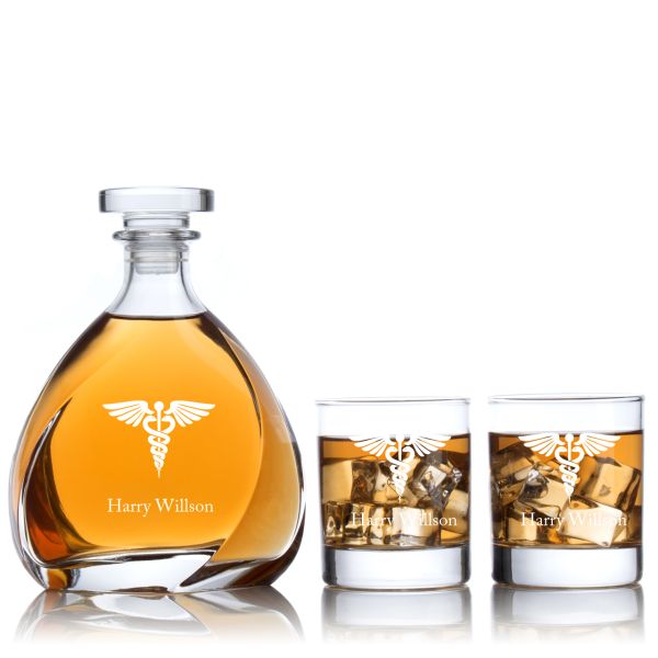 Engraved MD Caduceus - Personalized Madison Decanter Set with Old Fashion Whiskey Glasses