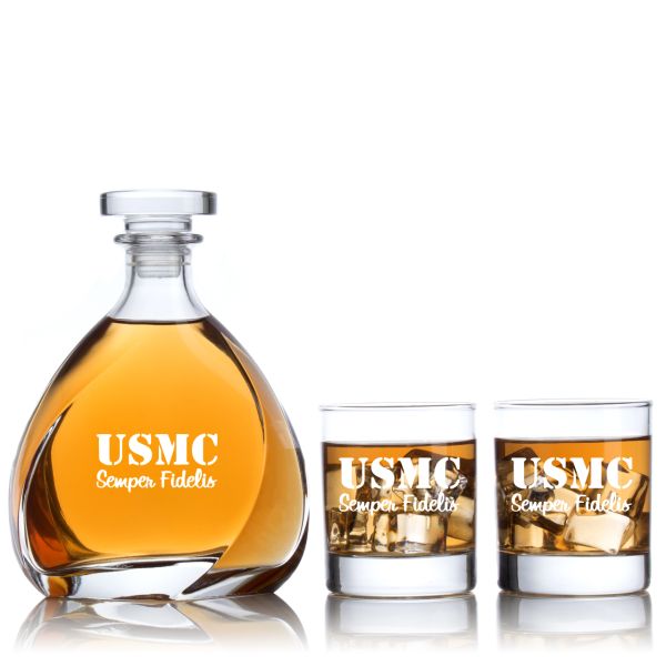 Engraved USMC Semper Fidelis - Personalized Madison Decanter Set with Old Fashioned Whiskey Glasses