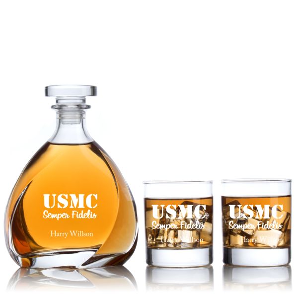 Engraved USMC Semper Fidelis - Personalized Madison Decanter Set with Old Fashioned Whiskey Glasses