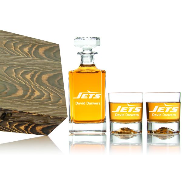 New York Jets Decanter Gift Set with Wood Gift Box - Football Fanatic Gift Ideas - Classic Personalized Whiskey Decanter Set - Man Cave Gifts - Gifts For Him