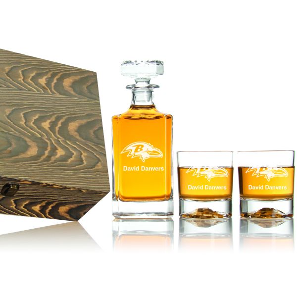 Baltimore Ravens Decanter Gift Set with Wood Gift Box - Football Fanatic Gift Ideas - Classic Personalized Whiskey Decanter Set - Man Cave Gifts - Gifts For Him