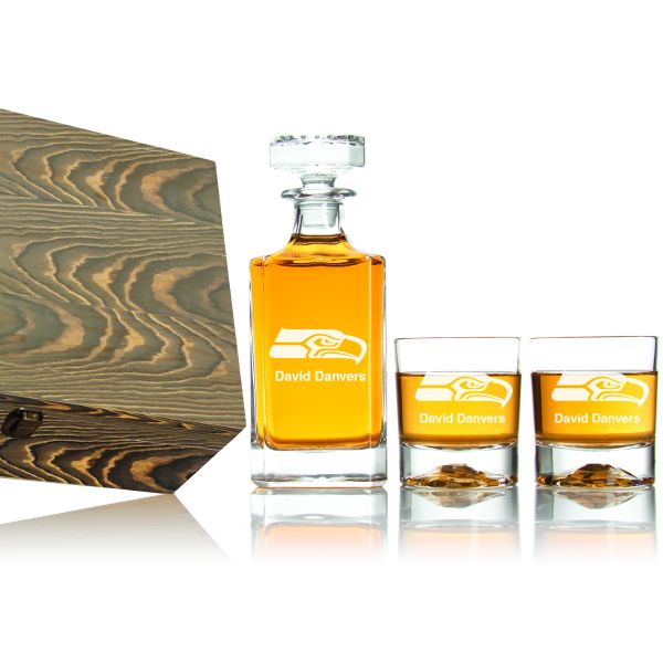 Seattle Seahawks Decanter Gift Set with Wood Gift Box - Football Fanatic Gift Ideas - Classic Personalized Whiskey Decanter Set - Man Cave Gifts - Gifts For Him