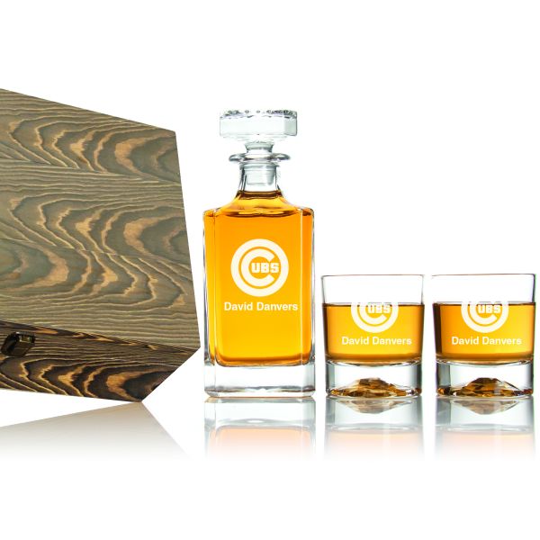 Chicago Cubs Decanter Gift Set with Wood Gift Box - Baseball Fanatic Gift Ideas - Classic Personalized Whiskey Decanter Set - Man Cave Gifts - Gifts For Him