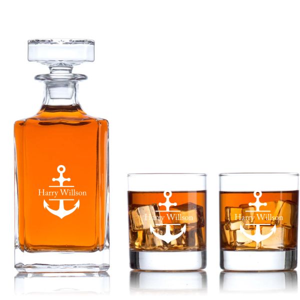 Engraved Anchor - Personalized Classic Decanter Set with Old Fashion Whiskey Glasses 3pcs