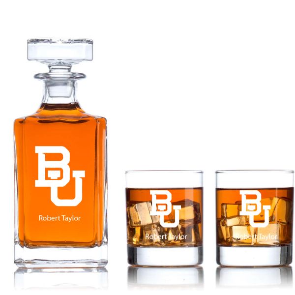 Engraved Baylor University Initials - Personalized Classic Decanter Set with Old Fashioned Whiskey Glasses