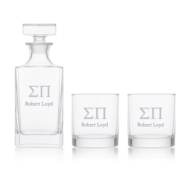 Custom Engraved Sigma Pi - Personalized Classic Decanter Set with Whiskey Glasses