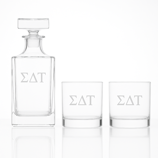 Custom Engraved Sigma Delta Tau - Personalized Classic Decanter Set with Whiskey Glasses