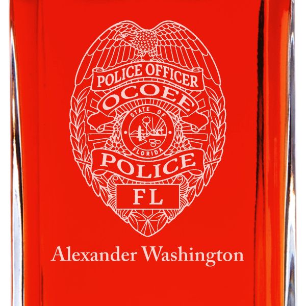 Custom Engraved Police Badges - Personalized Whiskey Decanter Set In Wood Gift Box - Ocoee FL Police Badge