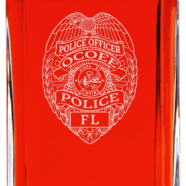 Custom Engraved Police Badges - Personalized Whiskey Decanter Set In Wood Gift Box - Ocoee FL Police Badge