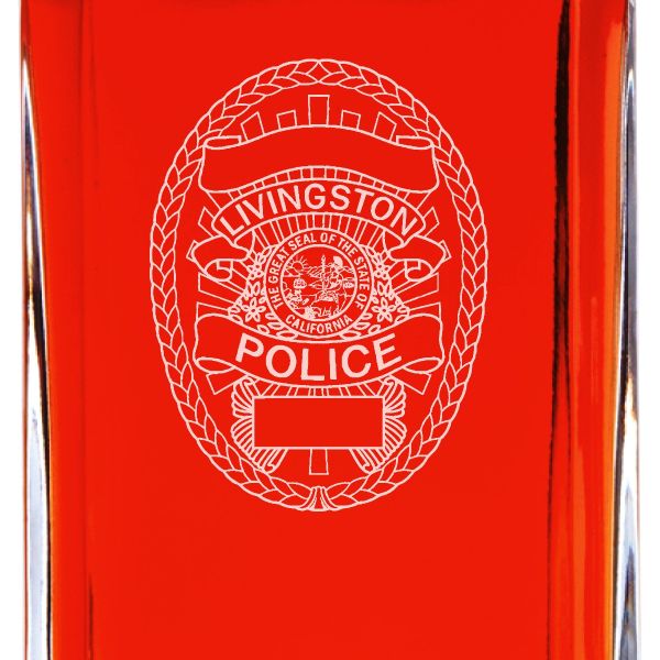 Custom Engraved Police Badges - Personalized Whiskey Decanter Set In Wood Gift Box - Livingston CA Police Badge