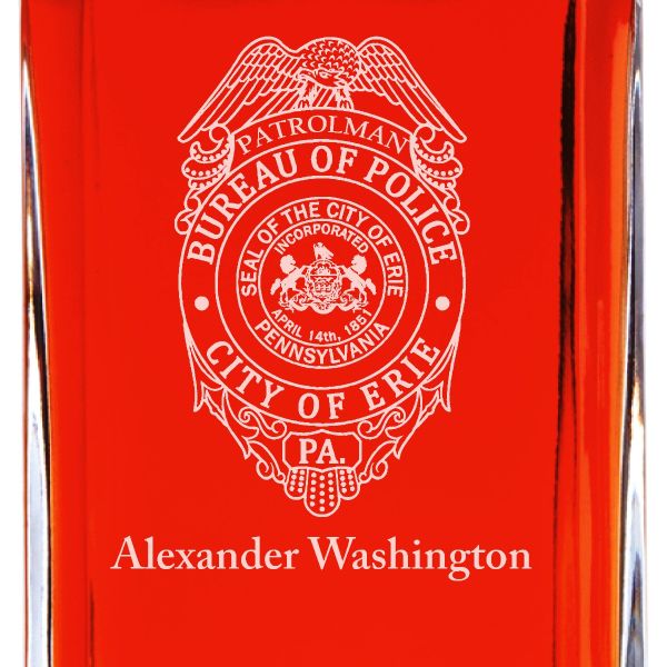 Custom Engraved Police Badges - Personalized Whiskey Decanter Set In Wood Gift Box - City of Erie PA Police Badge