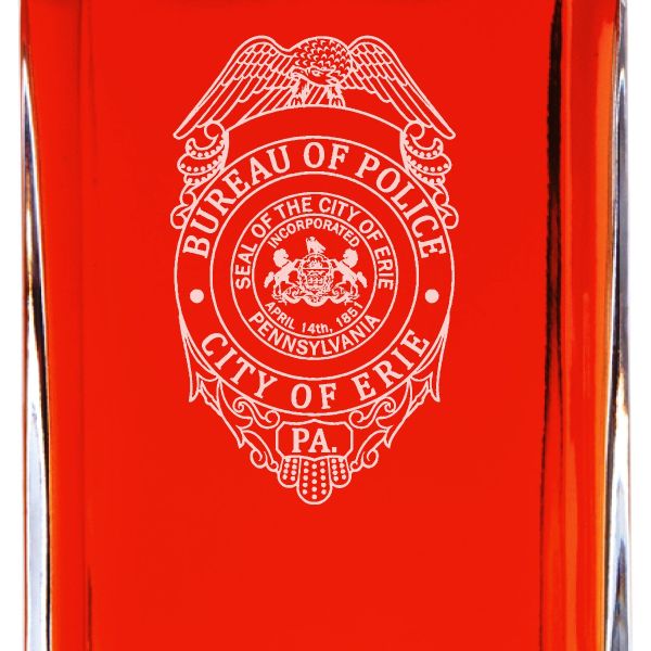 Custom Engraved Police Badges - Personalized Whiskey Decanter Set In Wood Gift Box - City of Erie PA Police Badge