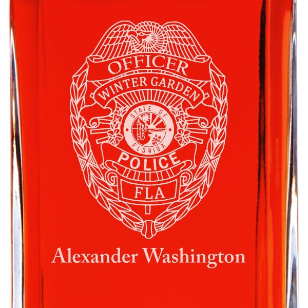 Custom Engraved Police Badges - Personalized Whiskey Decanter Set In Wood Gift Box - Winter Garden FL Police Badge