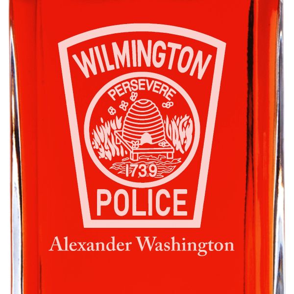 Custom Engraved Police Badges - Personalized Whiskey Decanter Set In Wood Gift Box - Wilmington Police Patch