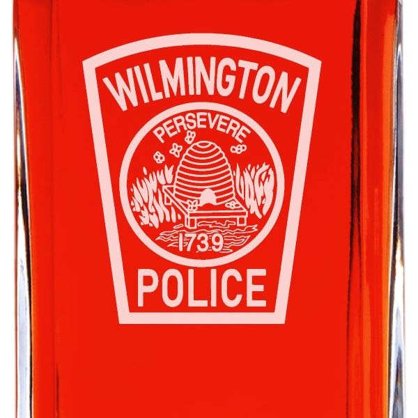 Custom Engraved Police Badges - Personalized Whiskey Decanter Set In Wood Gift Box - Wilmington Police Patch