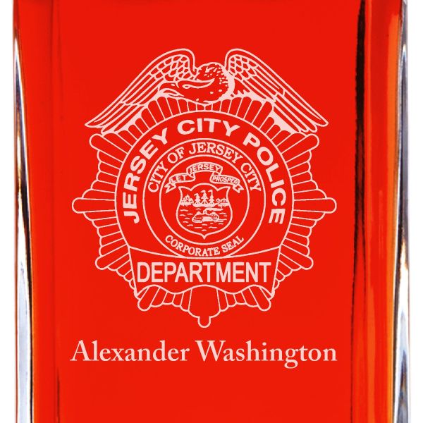 Custom Engraved Police Badges - Personalized Whiskey Decanter Set In Wood Gift Box - Jersey City Police Badge