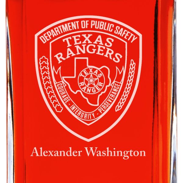 Custom Engraved Police Badges - Personalized Whiskey Decanter Set In Wood Gift Box - Dept of Public Safety Texas Rangers Patch
