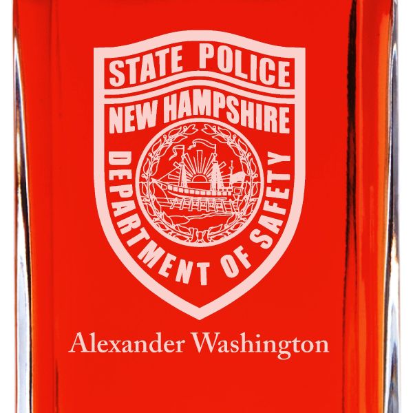 Custom Engraved Police Badges - Personalized Whiskey Decanter Set In Wood Gift Box - State Police New Hampshire Patch