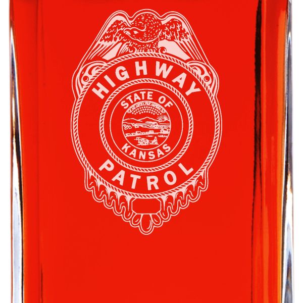 Custom Engraved Police Badges - Personalized Whiskey Decanter Set In Wood Gift Box - Highway Patrol State of Kansas Badge