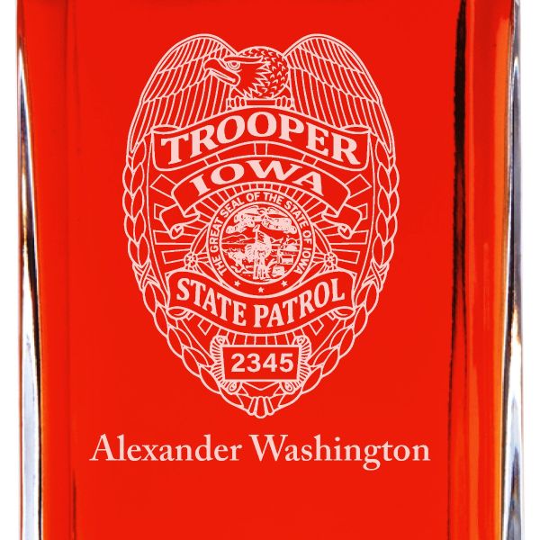 Custom Engraved Police Badges - Personalized Whiskey Decanter Set In Wood Gift Box - Iowa State Patrol Badge