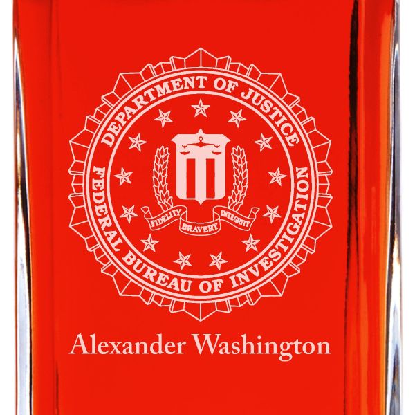 Custom Engraved Police Badges - Personalized Whiskey Decanter Set In Wood Gift Box - FBI Patch