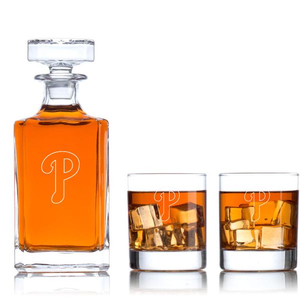 Engraved Philadelphia Phillies Insignia - Major league Baseball - Personalized Classic Decanter Set with Old Fashioned Whiskey Glasses