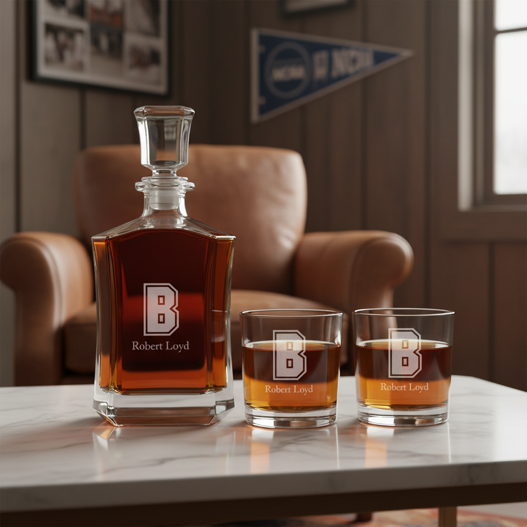 Personalized Brown Initial University Decanter Set - Football Fanatic Gift Ideas - Crown Personalized Whiskey Decanter