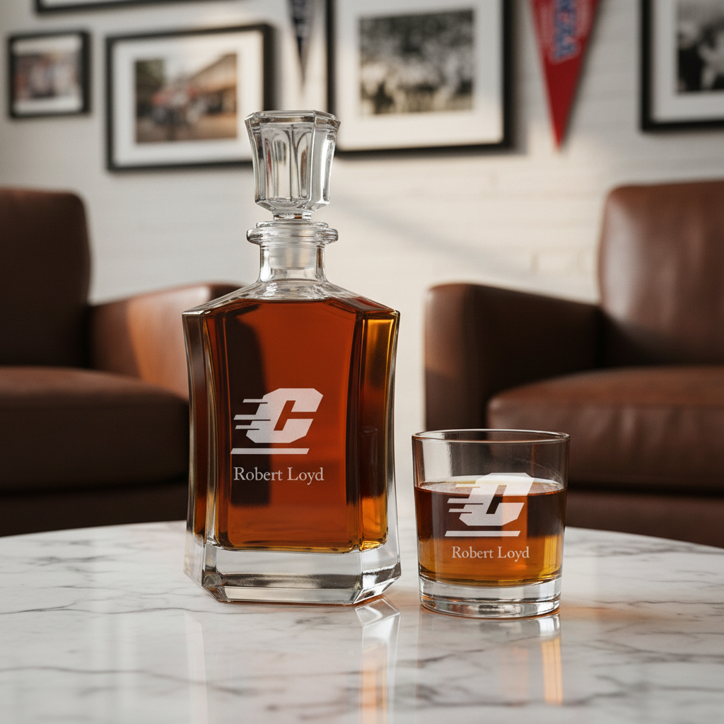 Personalized Central Michigan Chippewas University Decanter Set - Football Fanatic Gift Ideas - Crown Personalized Whiskey Decanter