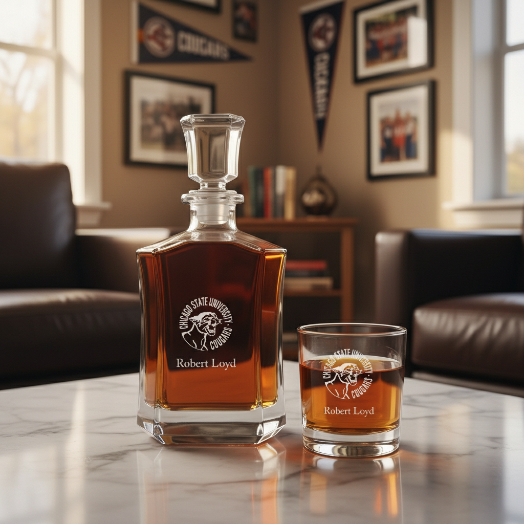 Personalized Chicago State University Cougars Decanter Set - Football Fanatic Gift Ideas - Crown Personalized Whiskey Decanter