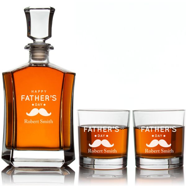 Custom Engraved Happy Fathers Day Mustache - Personalized Crown Decanter Set with Whiskey Glasses