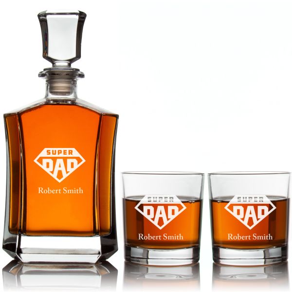 Custom Engraved Super Dad Emblem - Personalized Crown Decanter Set with Whiskey Glasses