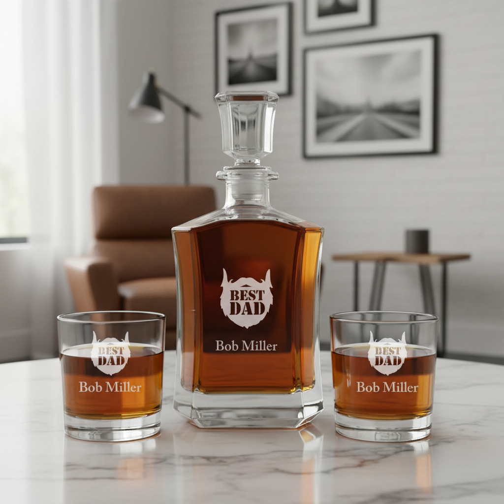 Engraved Best Beard Dad - Personalized Crown Decanter Set with Whiskey Glasses