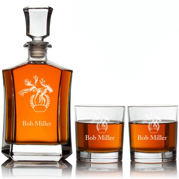Engraved Moose Head - Personalized Crown Decanter Set with Whiskey Glasses