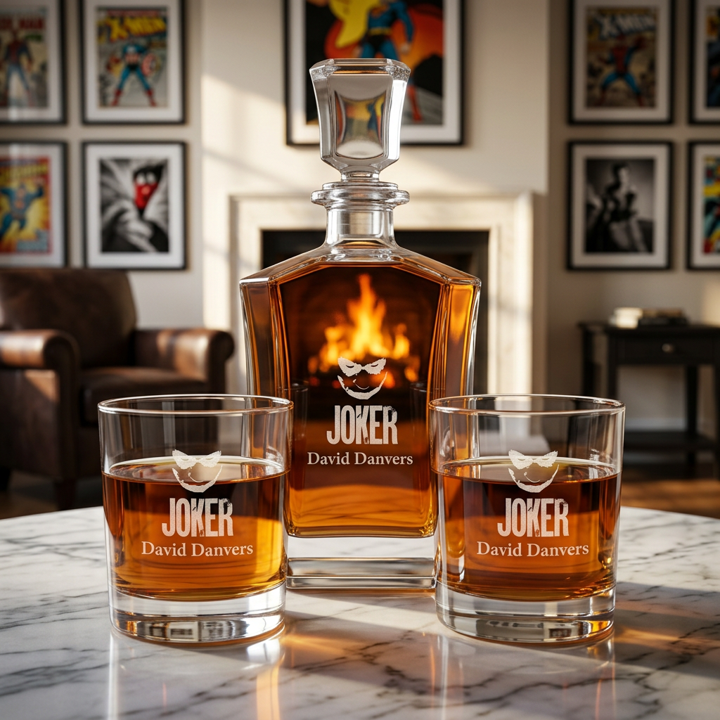 Custom Engraved Joker Sketch- Personalized Crown Decanter Set with Whiskey Glasses