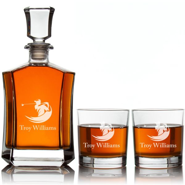 Custom Engraved Golfer Swing - Personalized Crown Decanter Set with Whiskey Glasses