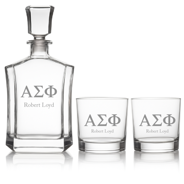 Custom Engraved Alpha Sigma Phi - Personalized Capital Decanter Set with Whiskey Glasses