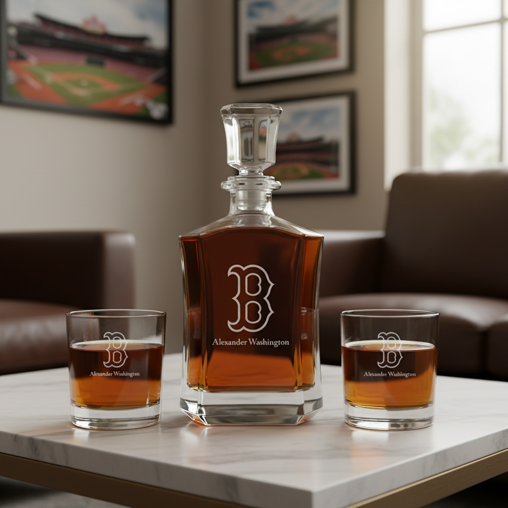 Personalized Engraved Boston Red Sox Cap - Major League Baseball - Custom Crown Decanter Set - Baseball Fanatic Gift Ideas