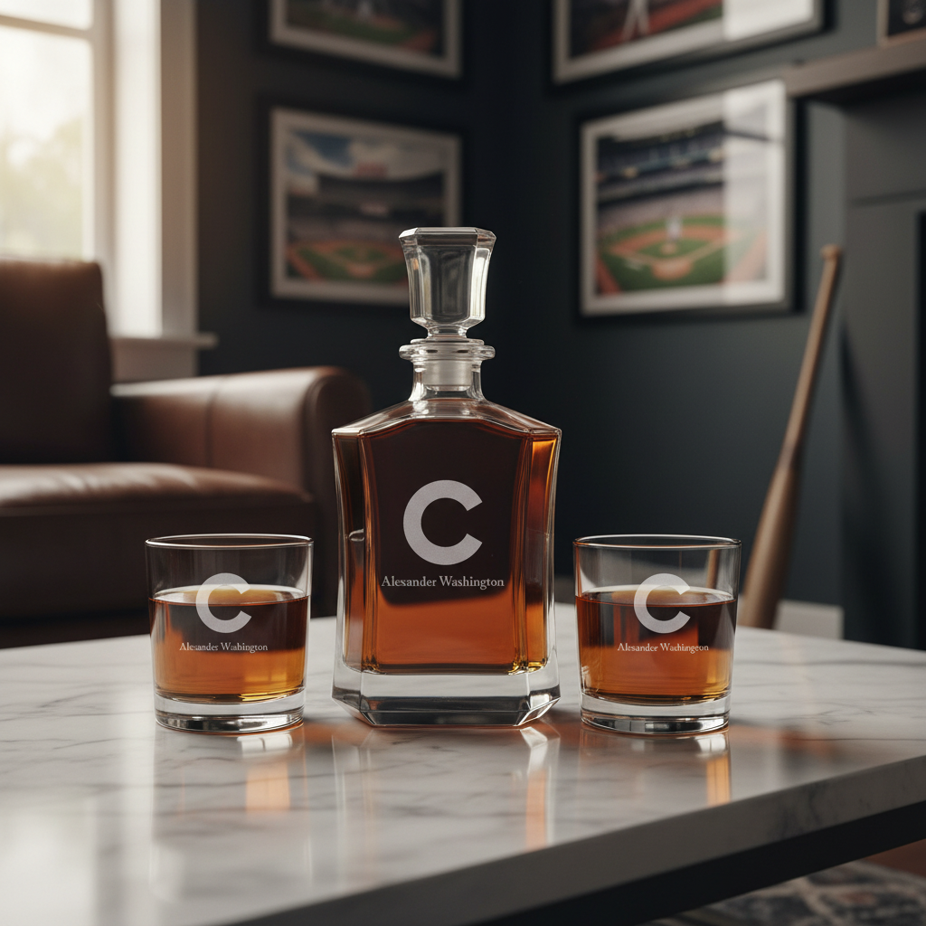 Personalized Engraved Chicago Cubs Cap Insignia - Major League Baseball - Custom Crown Decanter Set - Baseball Fanatic Gift Ideas