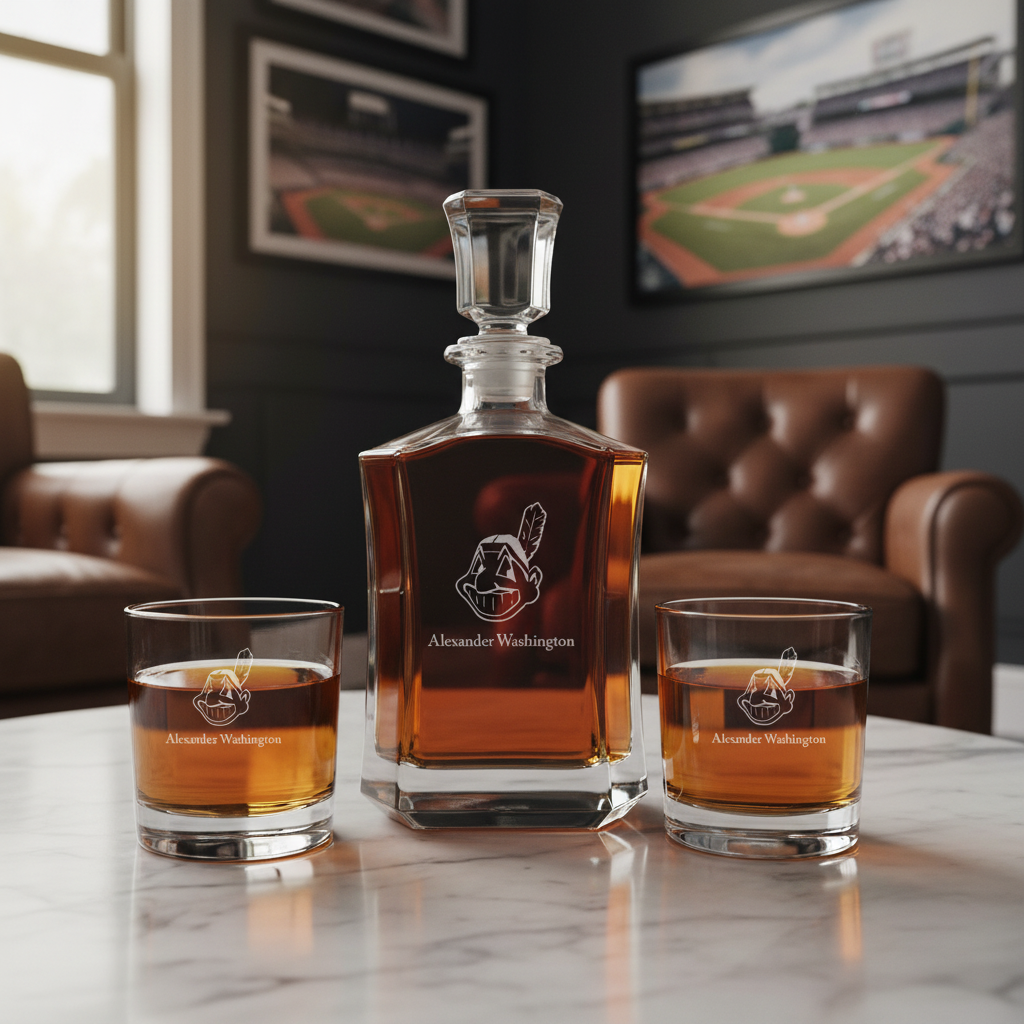 Personalized Engraved Chief Wahoo - Major League Baseball - Custom Crown Decanter Set - Baseball Fanatic Gift Ideas