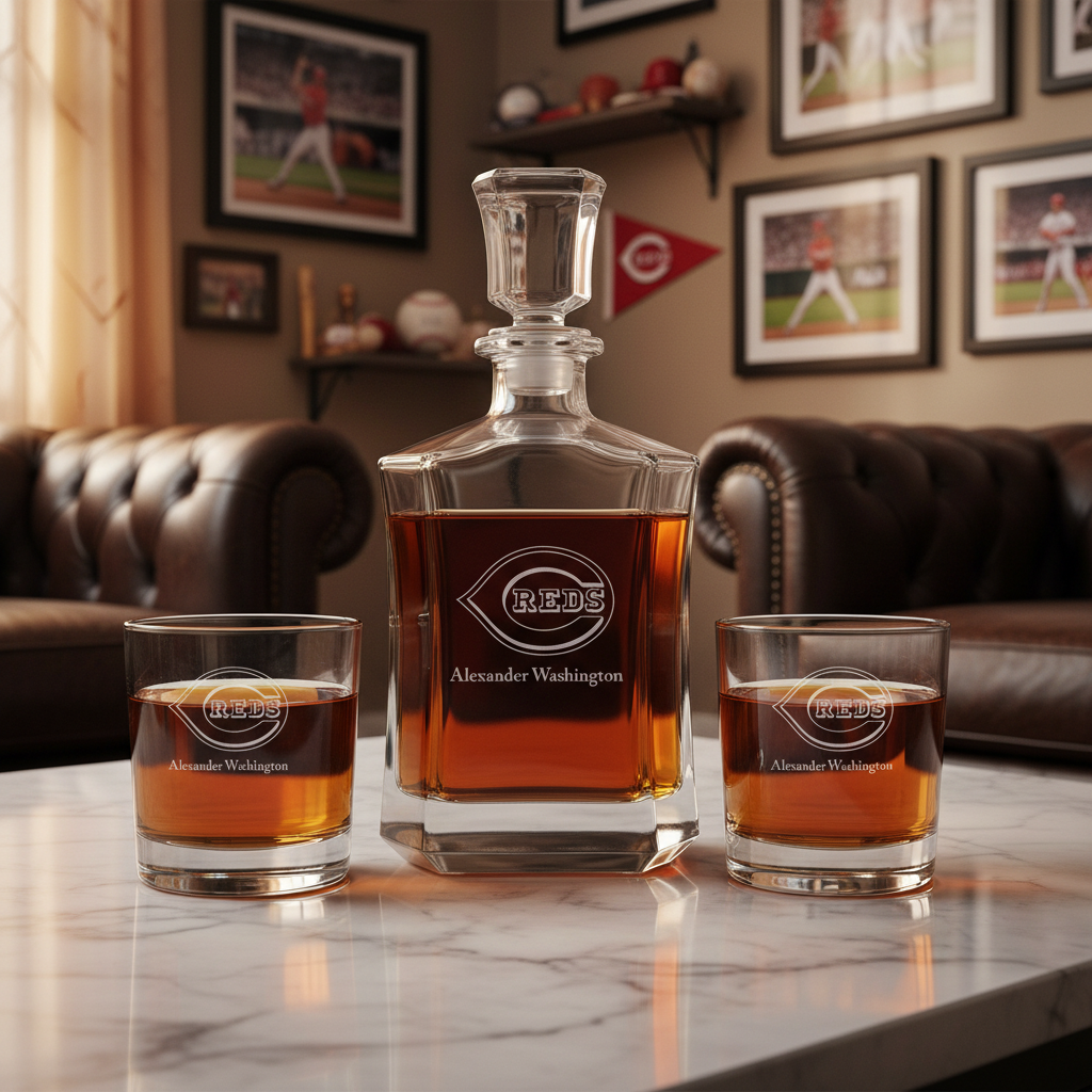 Personalized Engraved Cincinnati Reds - Major League Baseball - Custom Crown Decanter Set - Baseball Fanatic Gift Ideas