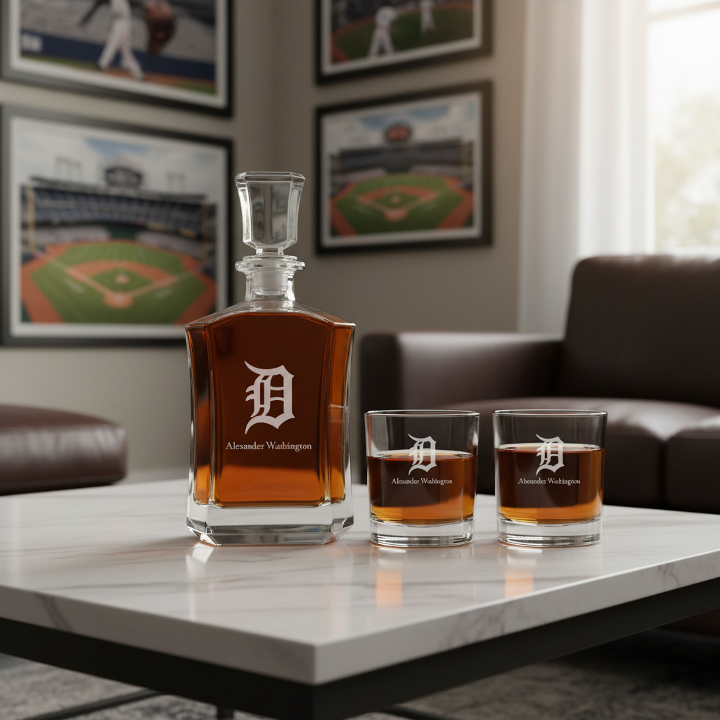 Personalized Engraved Detroit Tigers - Major League Baseball - Custom Crown Decanter Set - Baseball Fanatic Gift Ideas